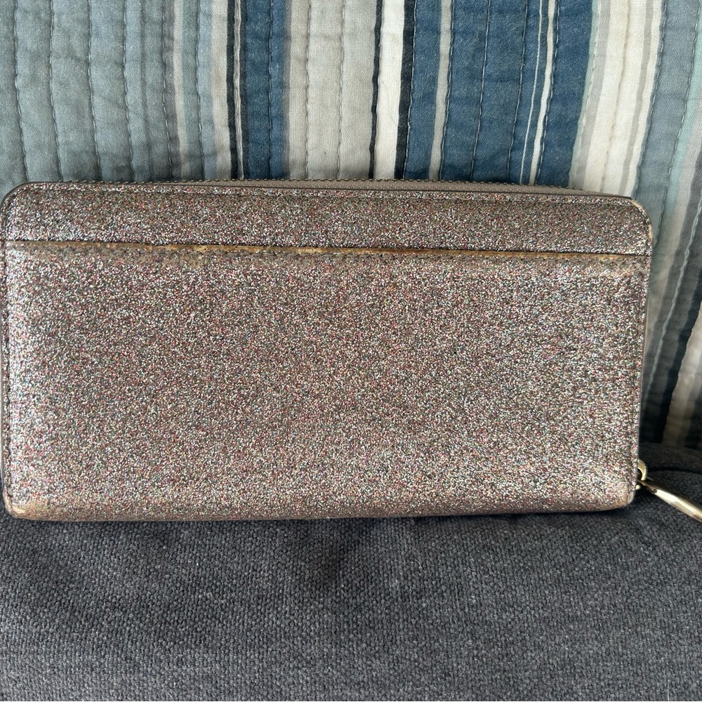kate spade “Storybook writing inside” Rose Gold Multicolor Glitter Zip Wallet - Picture 2 of 6